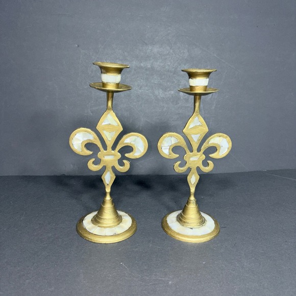 Vtg Brass Fleur de Lis Candlestick Holders Mother of Pearl Inlay Pair 9.5in - Picture 2 of 16